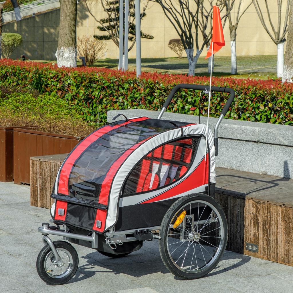 Baby Bike Trailer, Child Bicycle Trailer with 5 Point Harness, Steel Frame, Reflectors, Safety Flag, Hitch Coupler, Red