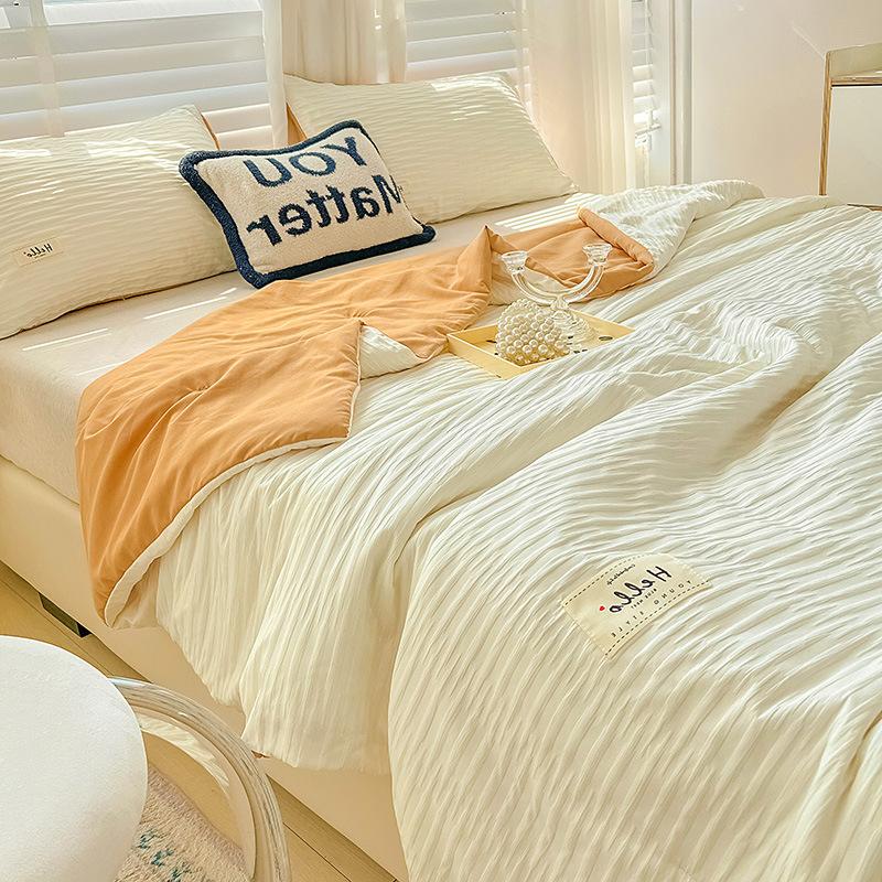 Korean Style Seersucker Washed Cotton Summer Quilt Four-Piece Set Bare Sleeping Quilt Summer Blanket Airable Cover