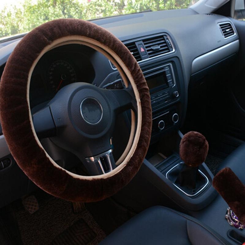 3pcs/Set Warm Faux Wool Steering Wheel Cover Fur Fluffy Thick Auto Car Steering Wheel Plush Cover Soft Wool Decoration Car