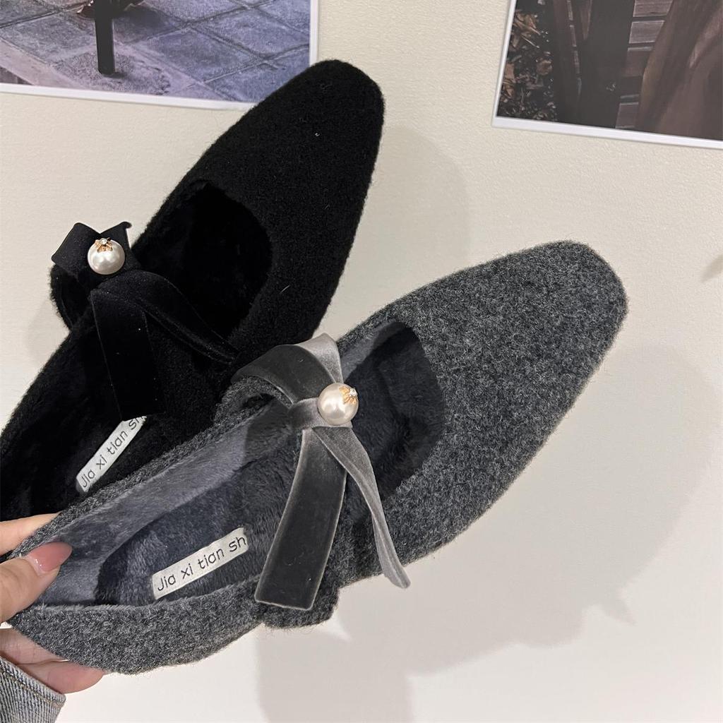 French Thick Heel Gray Single Shoes with Skirt Evening Shoes Women's Shoes 2025 Autumn and Winter Velvet Mary Jane Fluffy Shoes