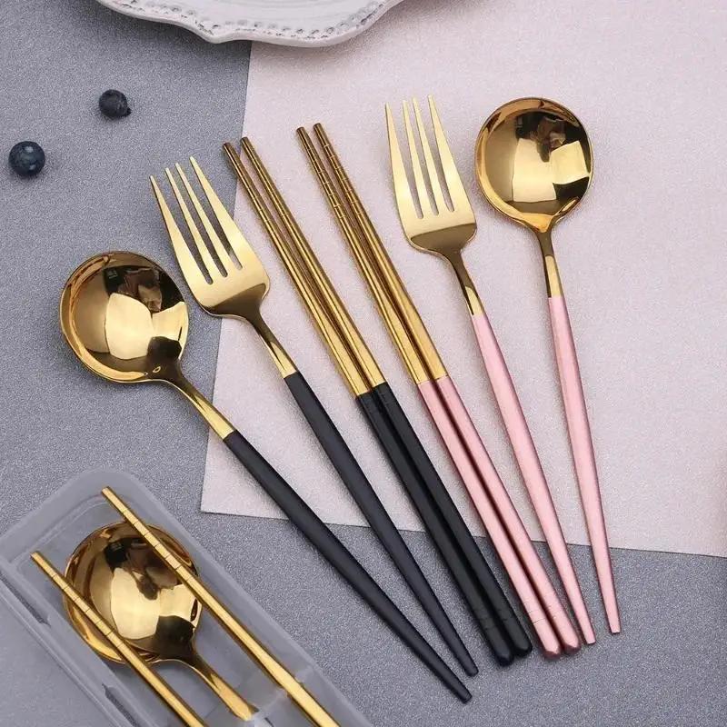 New Spoon Fork Chopsticks Set Storage Box Tableware Coffee Snack Fruit Dessert Portable Spoon Fork Chopstick Set Stainless Steel