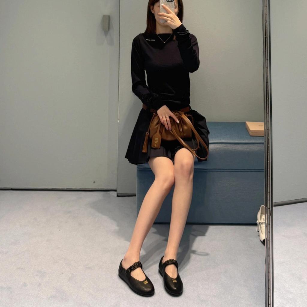 Sheepskin Version~ Leather Round Head One Word with Ballet Shoes Women's Soft-soled Mary Jane Single Shoes Flat-soled Small Leather Shoes Laden Shoes