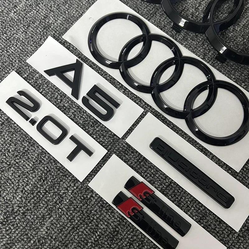 New T A5 4Ring logo ABS Black Car Hood Front Grill Rear Trunk Emblem Sticker A5 Mark Quarrto 2.0T Sline Emblem For A5 2010-2019