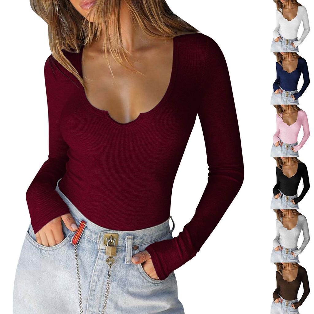 Women's Fashion Sexy Screw Slim Threaded Solid Colour T-Shirt Top