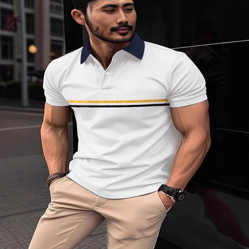 Daily essential! Short-sleeve polo shirt with chest stripes, casual and stylish.