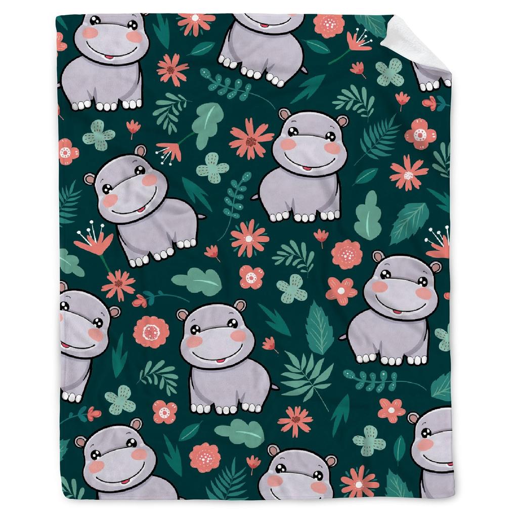 Lovely Hippo Throw Blanket Cute Cartoon Flannel Blanket for Couch Bed Travel Outdoor Home Decor Warm Fuzzy Blanket for Boys Girl