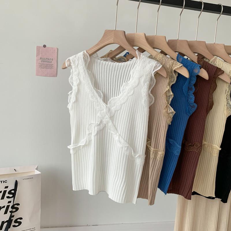 Summer New Sexy Lace Halter Vest Women Inside The Top V-neck Ice Silk Slimming Bottom Knitwear