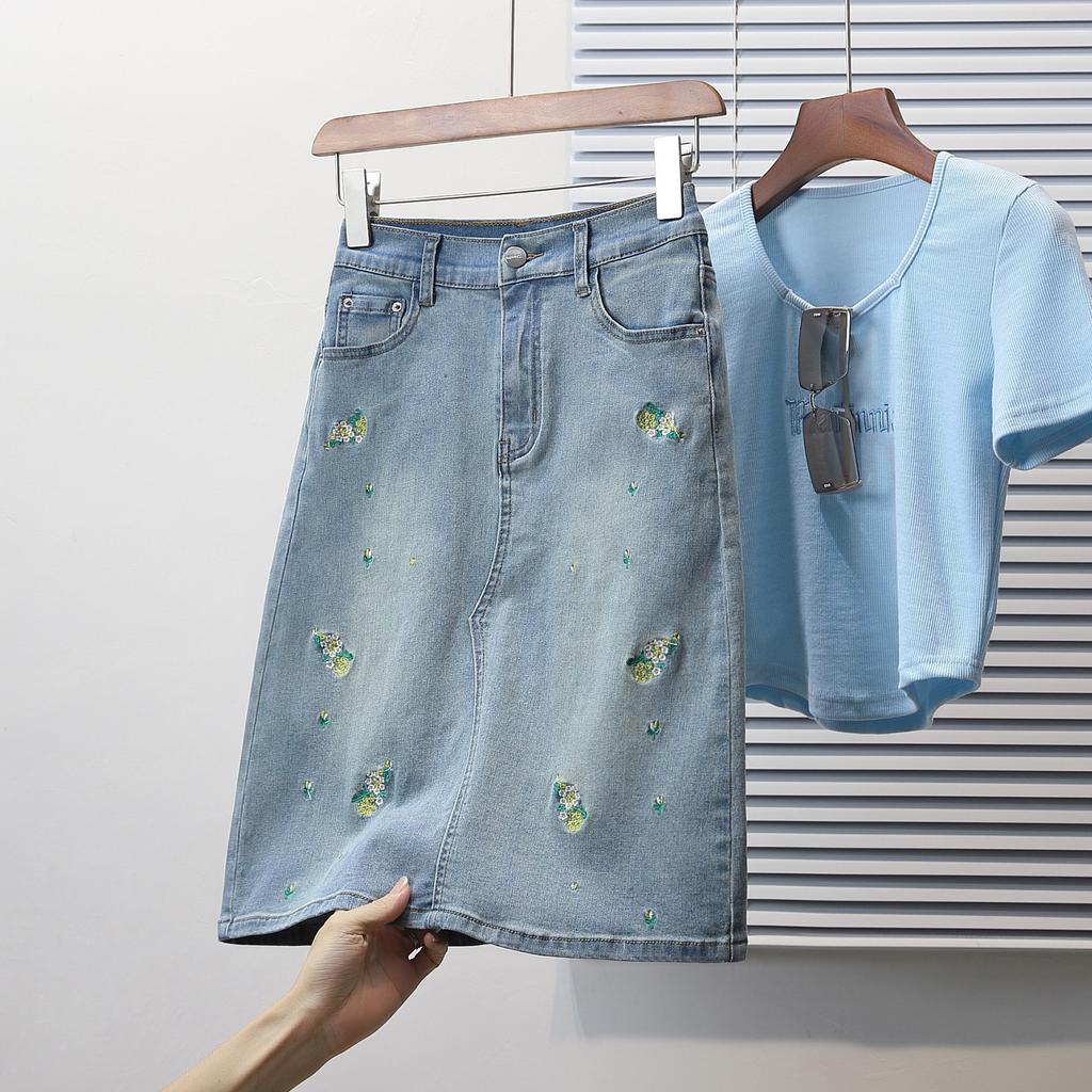 Dimanaf 2025 Plus Size Summer Denim Skirts Women Clothing Blue Floral Fashion A-Line Jeans Skirt High Waist