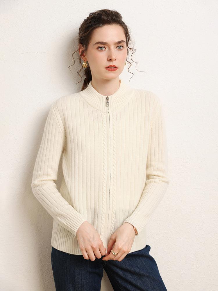 Women's Cashmere Stand Collar Zipper Cardigan - Double-Ply Thick Knit for Autumn/Winter