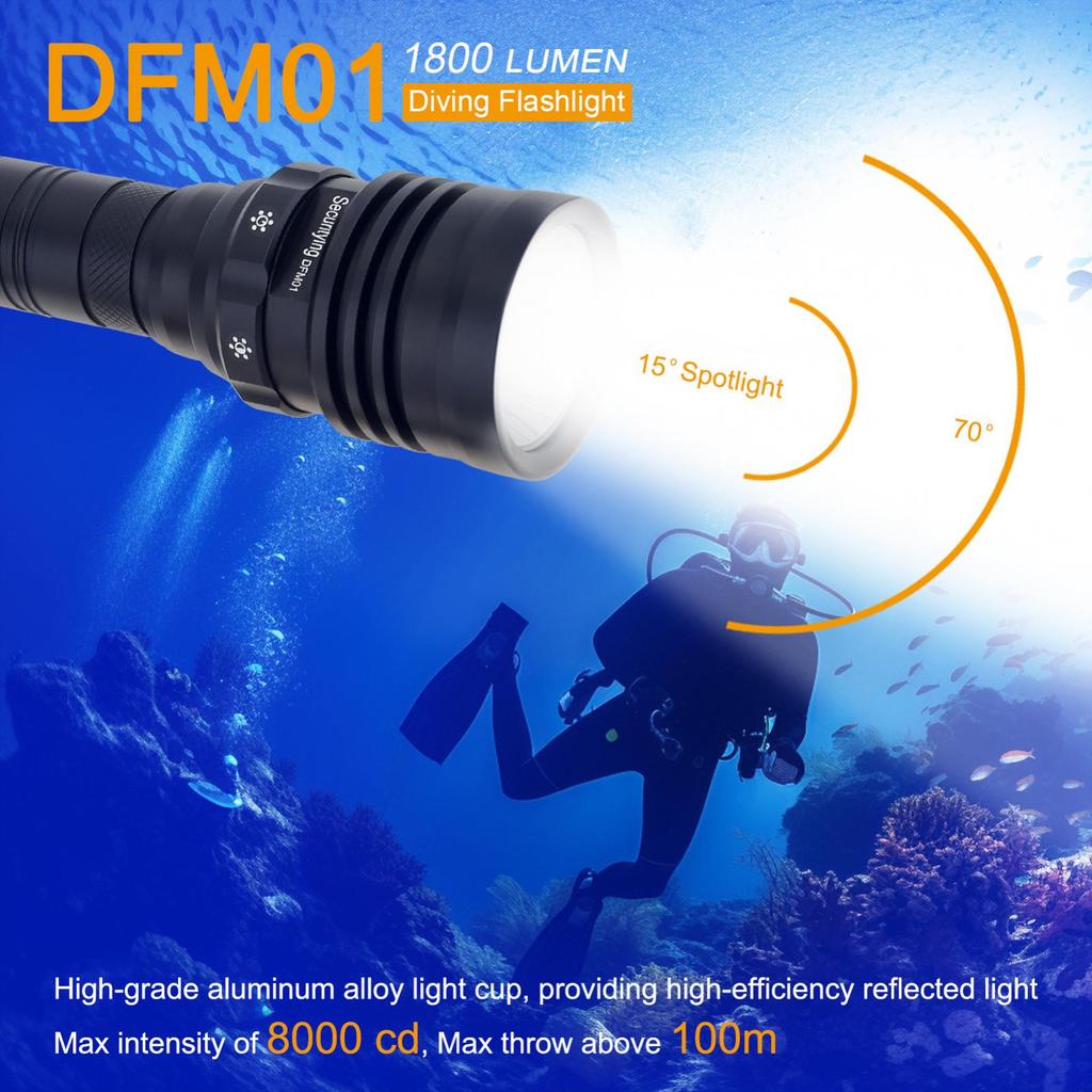 SecurityIng DFM01 1800LM 5 Modes Light Scuba Diving Flashlight for Diving with Magnetic Rotary Switch