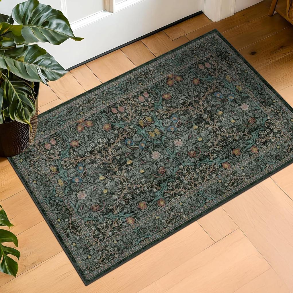 Dunkelgrüner Waschbarer Eingangsteppich Vor der Tür Läuferteppiche Innen Badezimmer Kleine Teppiche Vintage Floral Dünner Teppich für Küche Boho Dekor