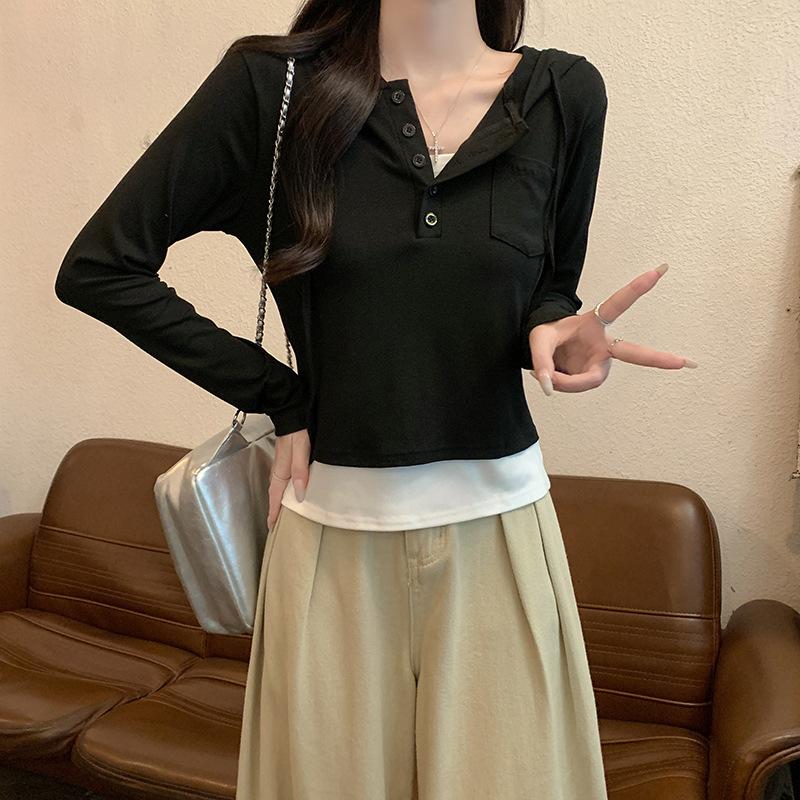 

1 * 1 thread 210g, autumn and winter thin contrasting color fake two-piece hoodie T-shirt versatile women L чорний