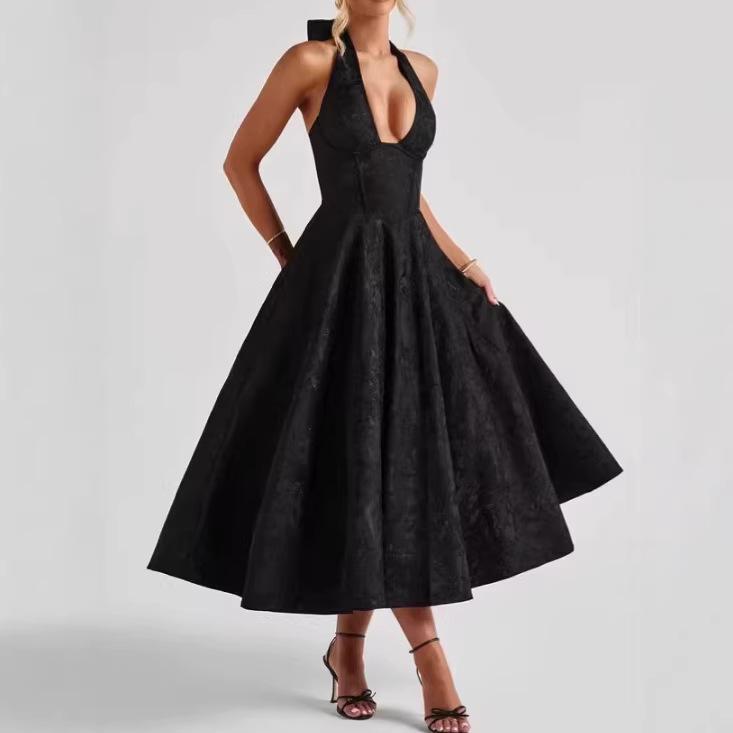 2026 Women's Exquisite Jacquard Halter Deep V High Waist A-line Dress