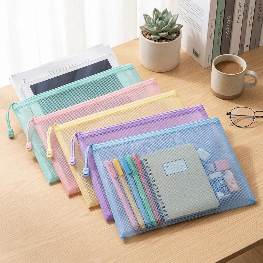 Clear Mesh Zipper Bags Waterproof File Pouch Essential Document Storage Bag Homework