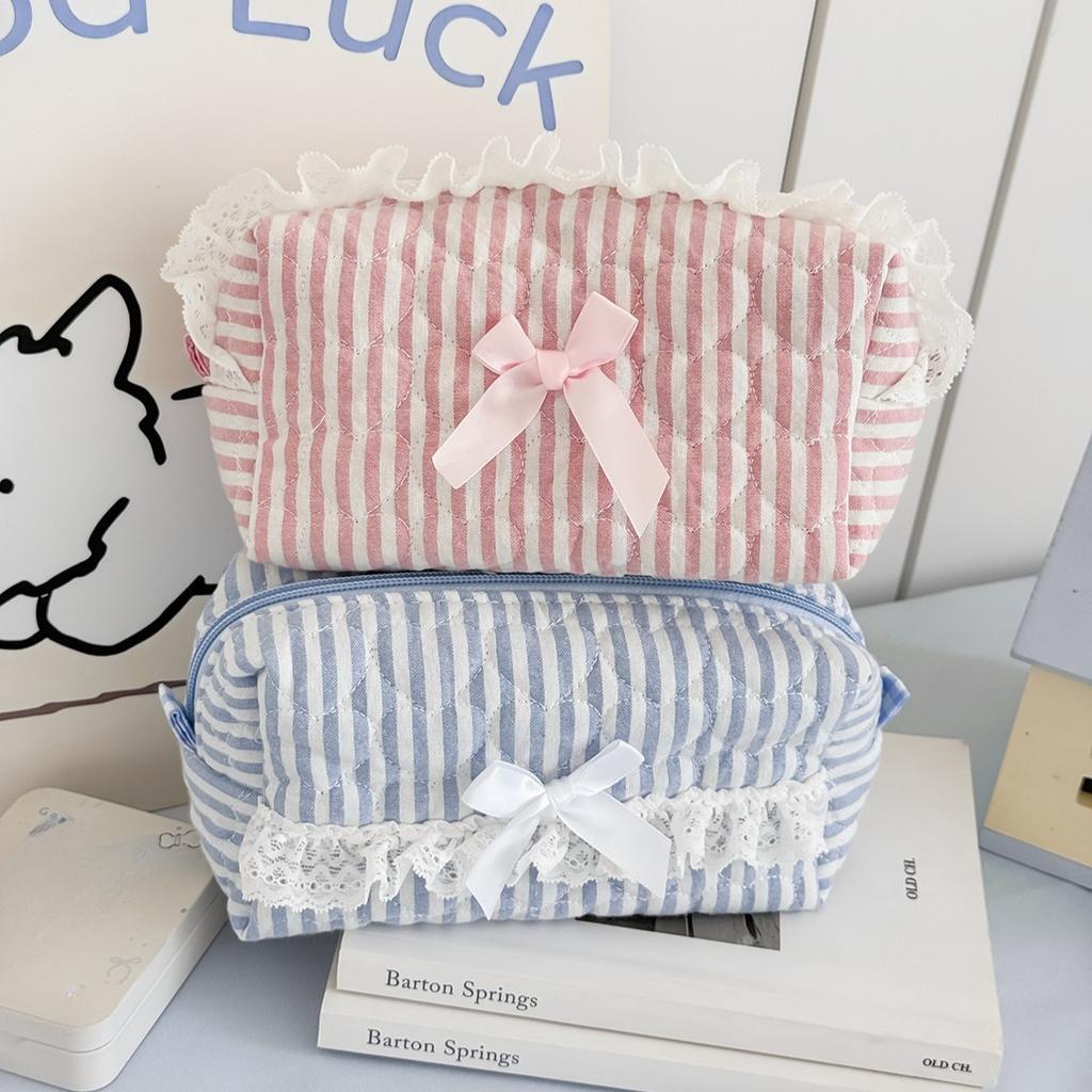 Pink Blue Bow Striped Cosmetic Bag Cute Lace Makeup Pouch Large Capacity Women Cosmetic Organizer Storage Bags