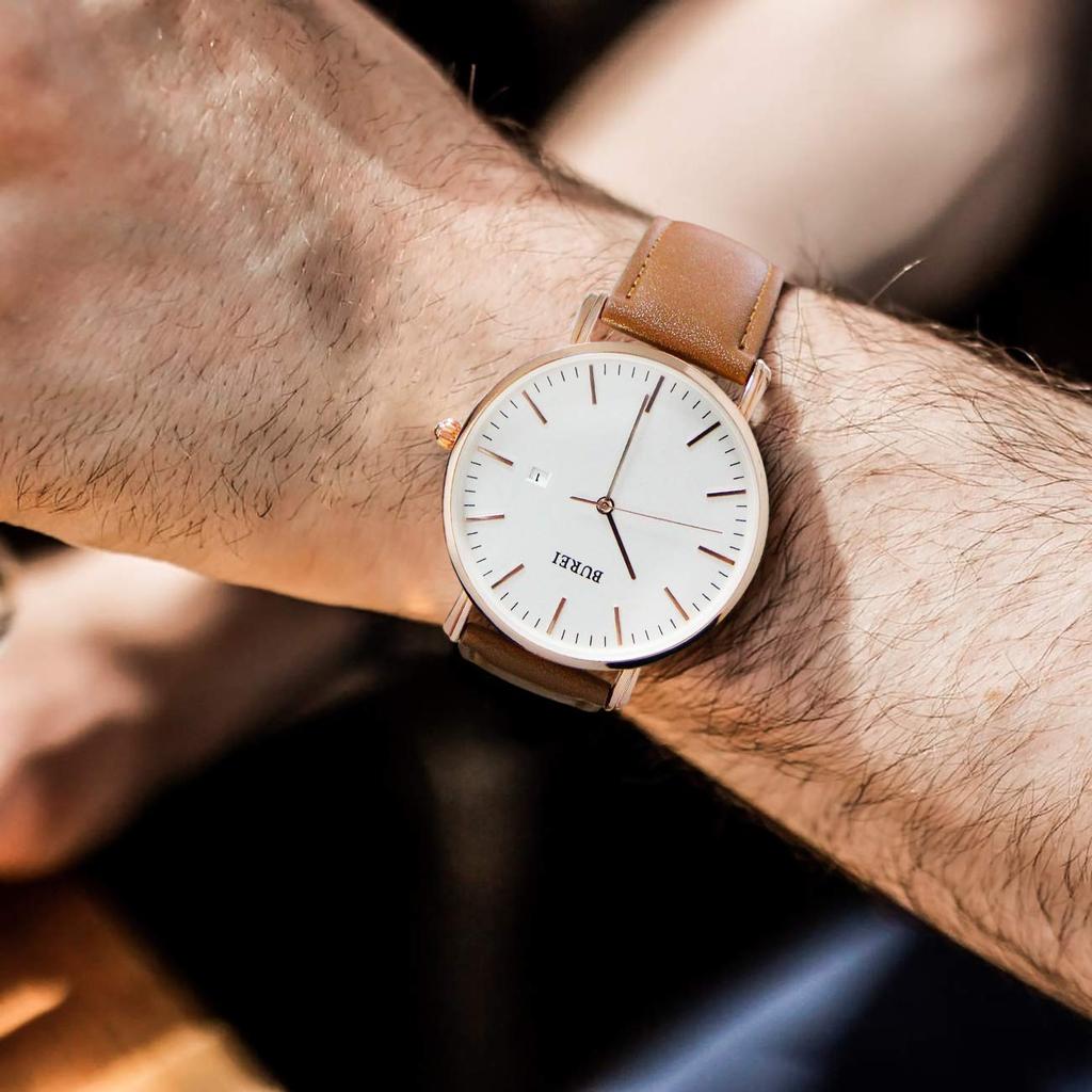 Kožené značky Jednoduché Vodotěsné Analogové Obchodní hodinky Hodinky Populární Datum Quartz Rose Gold Bílé Stylové tenké hodinky [BUREI] Pánské Pánské