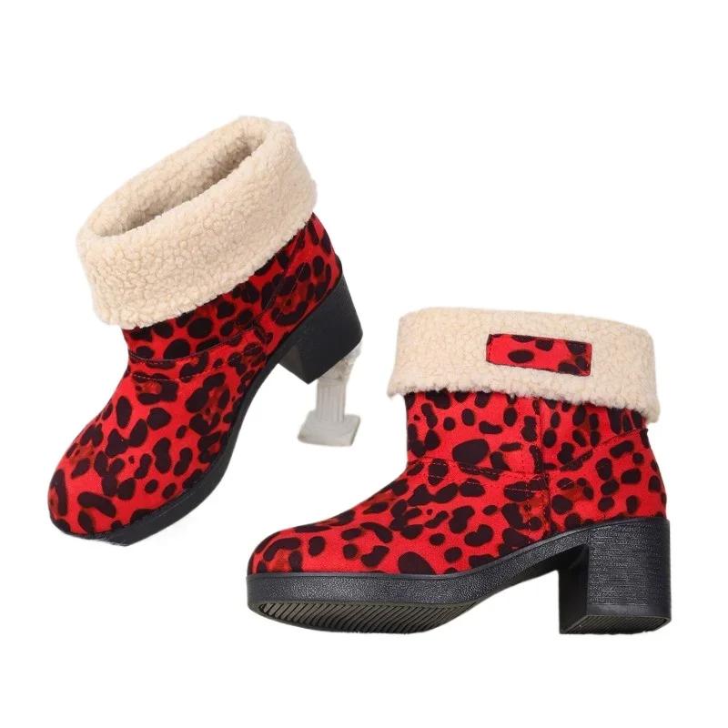 fashion Fashion 2024 Slip-on Women's Boots Hot Sale Leopard Print  Casual Boots Women Winter Plus Size Turned-over Edge Mid-Calf Boots
