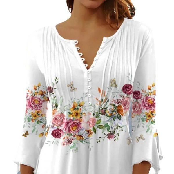 2023 Frühling V-Ausschnitt Bedrucktes Knopf Kurzarm Oberteil