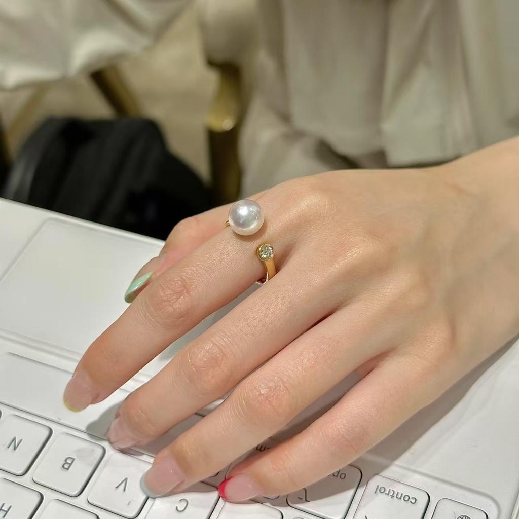 Very Simple Pearl Diamond Ring, Round And Flawless, Small Light Bulb, Light Luxury, High-End Gold Diamond Ring For Women