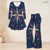 Women Plus Size Two Piece Set V Neck Long Sleeve Star Printed Flared Top And Flared Pants White Red Blue