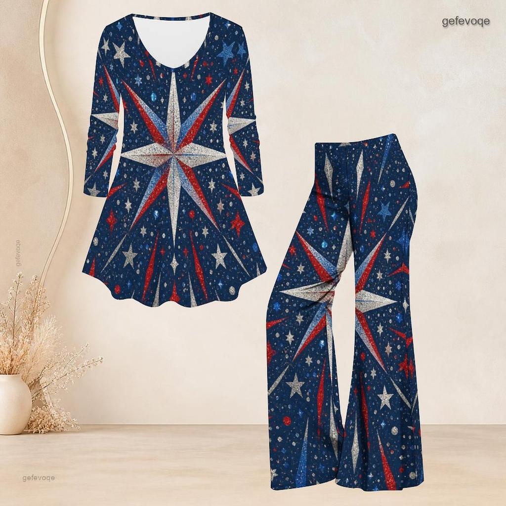 Women Plus Size Two Piece Set V Neck Long Sleeve Star Printed Flared Top And Flared Pants White Red Blue