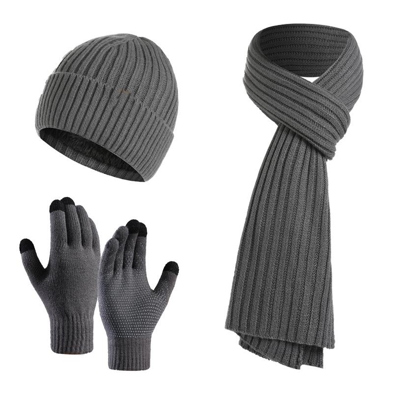 Unisex Custom Logo 3pcs Knitted Plain Polyester/Cotton Beanie Hat Scarf Gloves Set Long Warm Winter Clothing for Men Women
