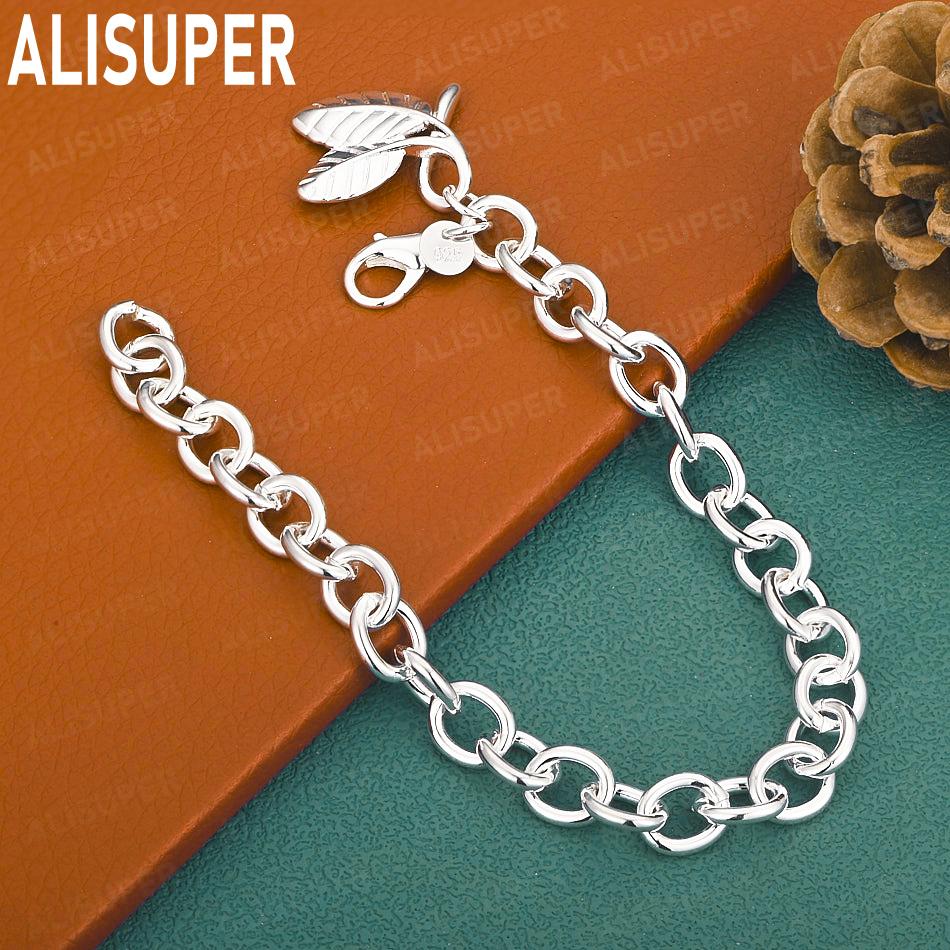 925 Sterling Silver Charming Side Chain Double Leaf Bracelet Gift Jewelry 20CM