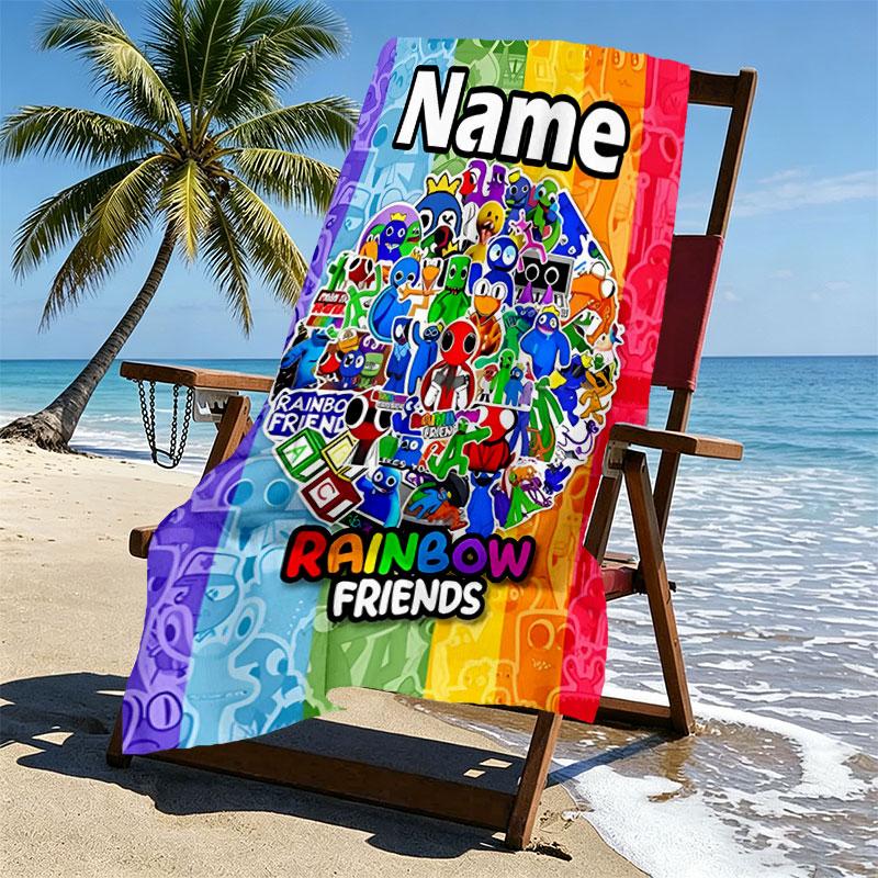 Custom Name Personalized Game Rainbow Friends Print Beach Towel, for Trip Camping Beach Party Home Decor, Birthday Gift for Family & Friends