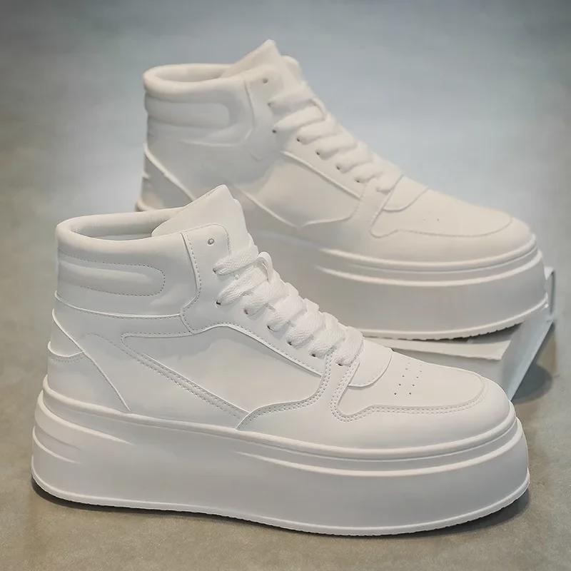 2024 Korean Style Men's White High-Top Sneakers: Autumn/Winter Casual Height-Increasing Sports Shoes