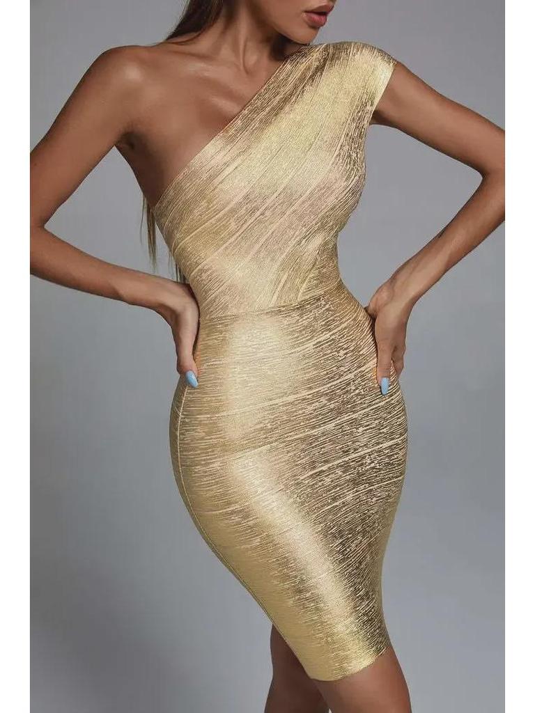 Gold-Stamped Silver Oblique Shoulder Bandage Evening Dress