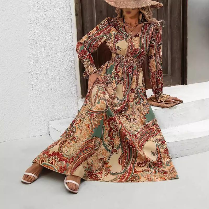 Fashion V-neck Long Sleeve Printed Loose Women Dress Spring Autumn Elegant A-line Party Long Versatile Dress Slim Fit Holiday Women's Clothing