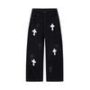 Black Washed Wide Leg Denim Pants With Contrast Cross Patch Embroidery Unisex Streetwear
