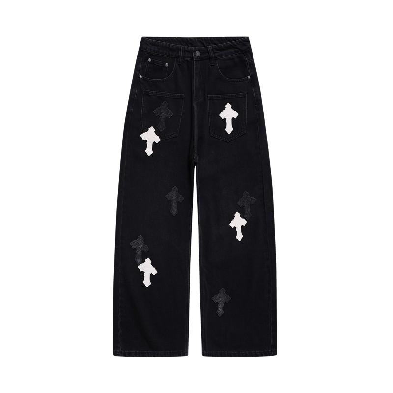 Black Washed Wide Leg Denim Pants With Contrast Cross Patch Embroidery Unisex Streetwear