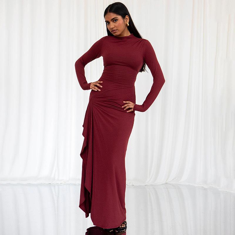 

Elegant 2025 Women s Solid Color Bodycon Slit Evening Dress – Round Neck, Fashionable Autumn/Winter Long Dress Extra Large