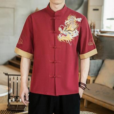 Men's Golden Dragon Xiangyun Embroidered Short Sleeve Shirt Men's Contrast Color Retro Stand Collar Single Breasted Casual Top