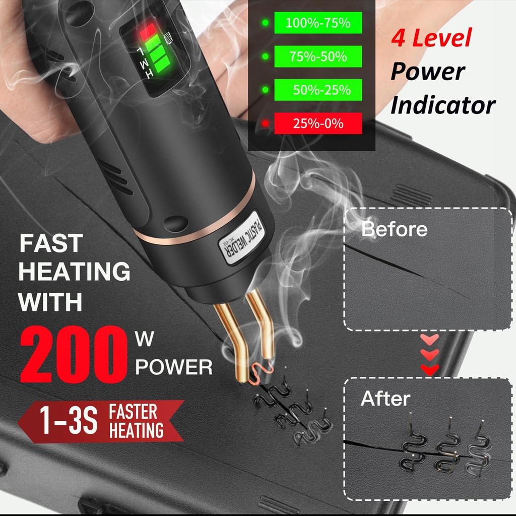 200W Cordless Plastic Welder Plastic Weld Kit with 4 Tpyes Hot Staples Plastic Welding Machine Tool 5.0Ah Rechargeable Battery