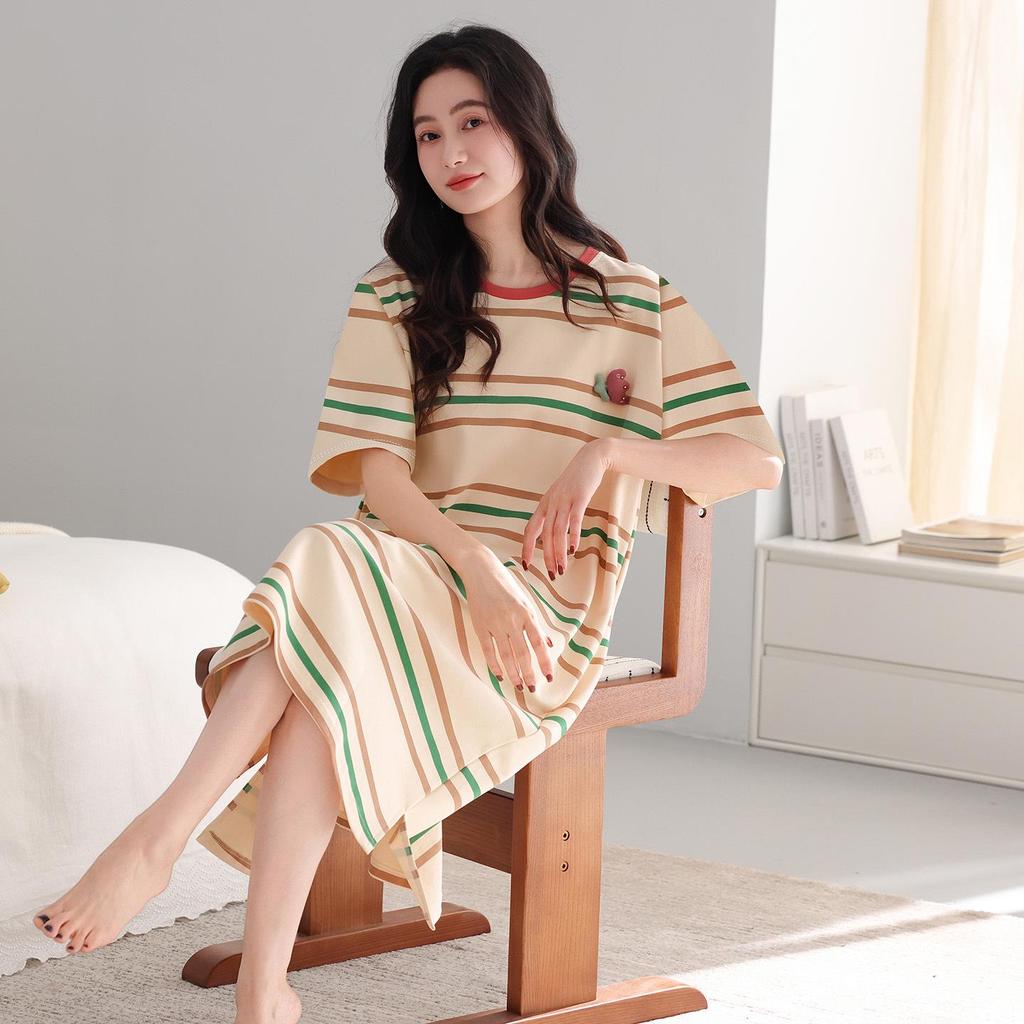 Camiciola da notte a righe a maniche corte di media lunghezza da donna, vestito estivo sottile taglie forti, indossabile anche come pigiama da esterno