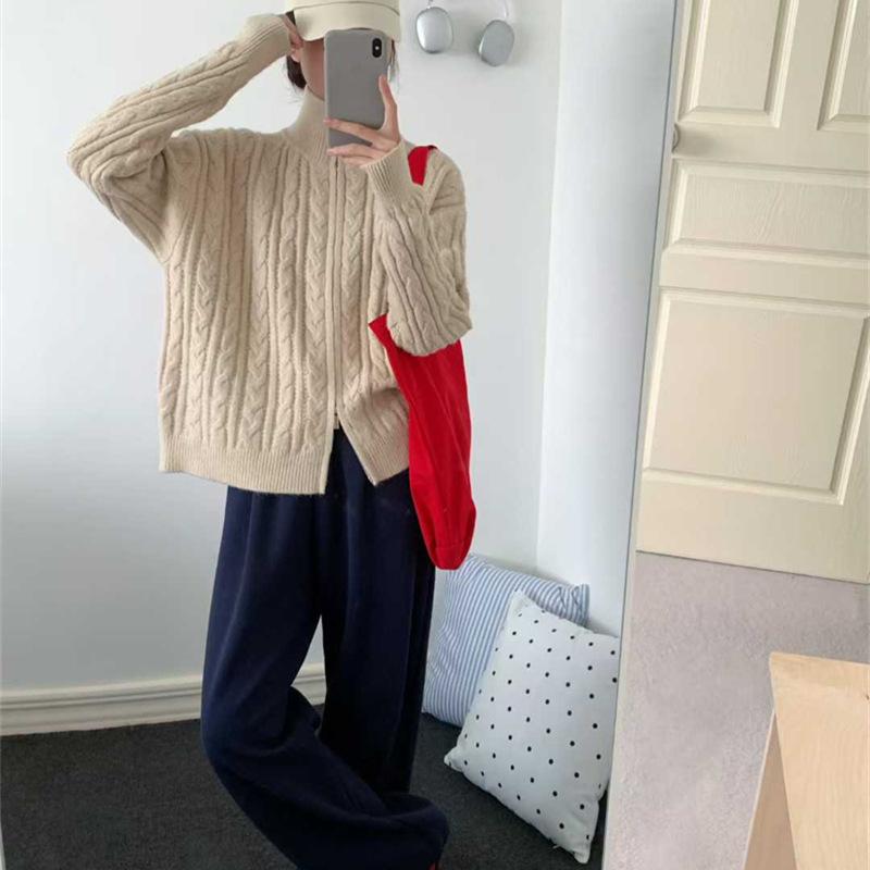 Retro twist knitted cardigan for women's autumn and winter new lazy wind double zipper stand-up neck sweater jacket for women