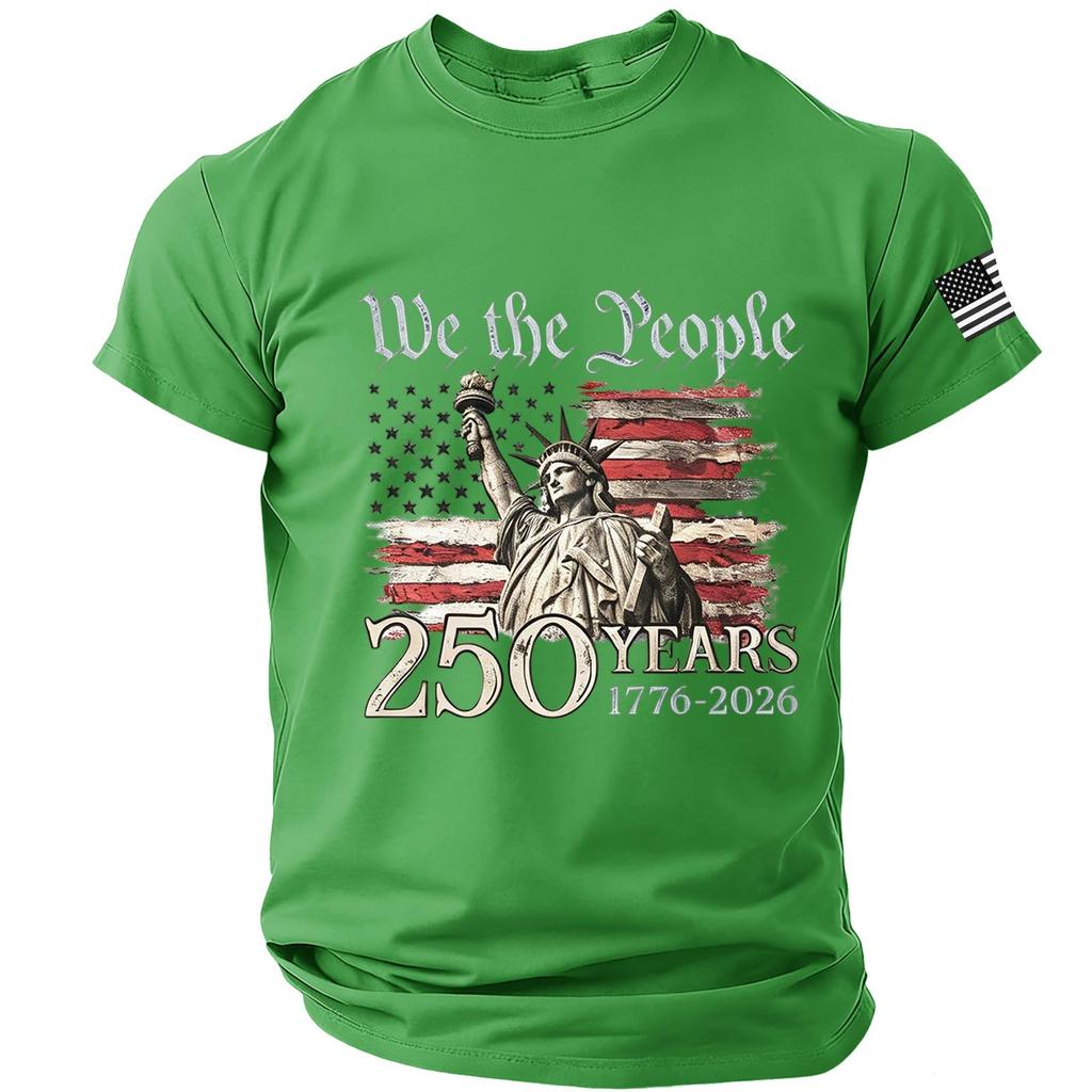 Męska koszulka z krótkim rękawem i okrągłym dekoltem z nadrukiem Statuy Wolności i flagi We The People 250 lat 1776 2026