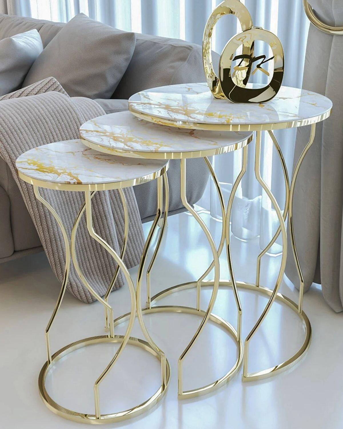 

Декоративный набор из 3 вложенных журнальных столиков Небьющееся закаленное стекло Уникальный современный набор золотых ножек с мраморным узором для гостиной