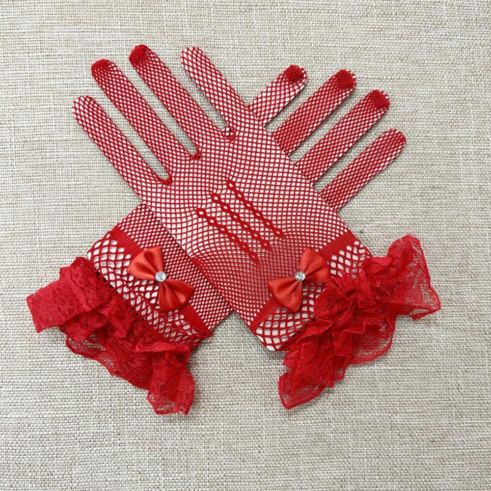 

Women Thin Fishnet Mesh Driving Gloves Black White UV Protection Ruffle Lace Gloves червоний