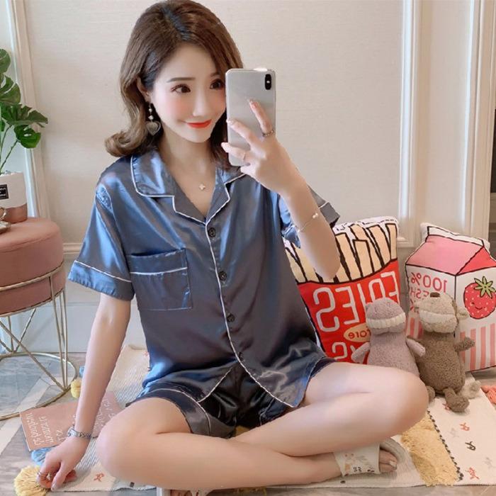 Summer Silk Satin Women Pajamas Set Button Down Top & Shorts 2 Pieces Sleepwear Notched Collar Nightwear Loungewear for Women