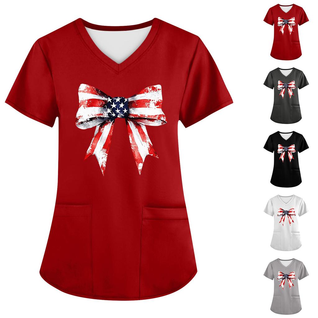 Plus Size Printed Scrub Working Uniform Tops For Women's Cross V Neck Independence Day Print Short Sleeve Fun T-Shirts Workwear Tee With Pockets