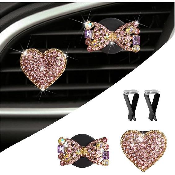 2PCS Bling Car Vent Clips with Bow Tie & Heart Design,Stylish Car Air Vent Clips with Rhinestones for Cars Decorations,Universal Vehicle Accessories