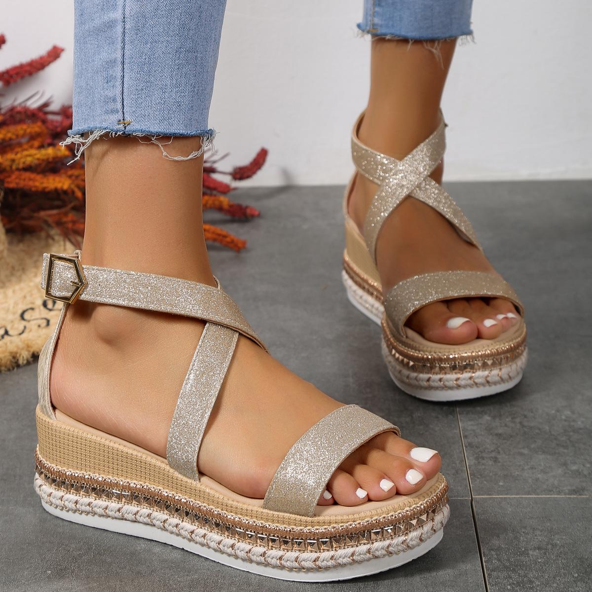 

2025 весна-лето женские сандалии большого размера из пеньковой веревки на толстой подошве с пряжкой на танкетке с каблуком-рыбьим ртом женские сандалии 41