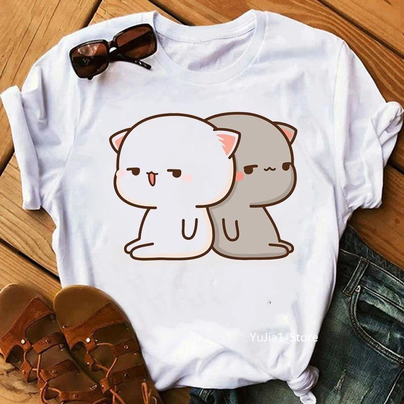 Peach And Goma Mochi Cat Animal Print Tshirt Femme Harajuku Shirt Streetwear Women Short Sleeve Gifts Tshirt Women Clothing