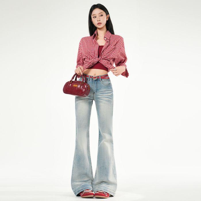 Spring Summer Light Tone Cat Whisker Micro Flare Denim Pants For Ladies Casual Pants Oversize Denim Trousers XS