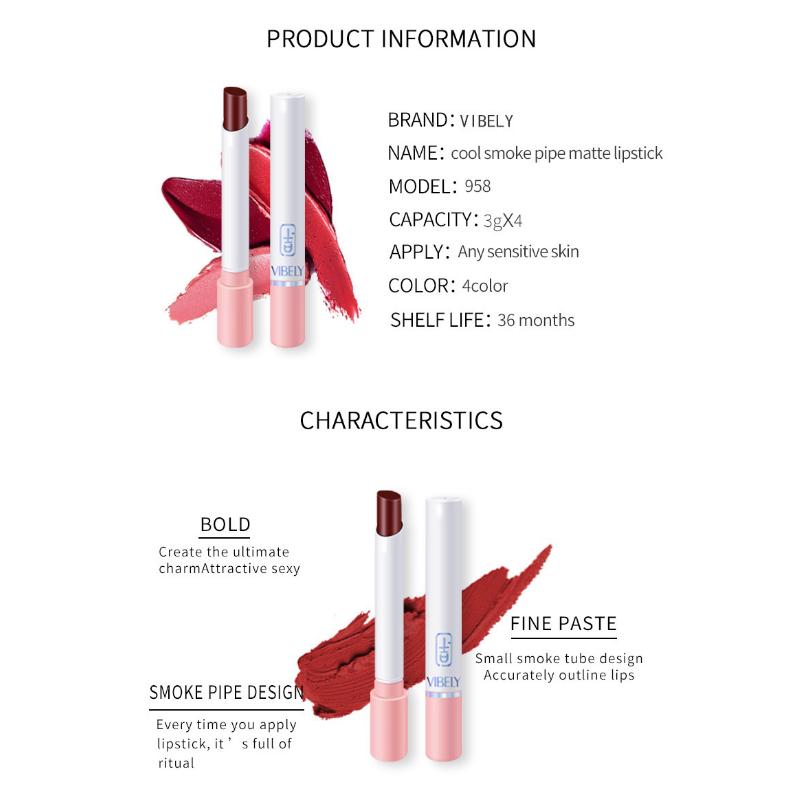 VIBELY Small Tube Matte Lipstick 4pcs Boxed Not Easy To Fall Off Color Velvet Not Fall Off Color Makeup