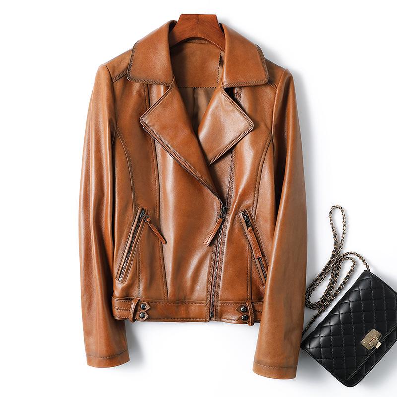 Spring and Autumn Genuine Leather Jacket Women's Sheepskin Motorcycle Suit Slim Short Small Leather Jacket Casual Jacket