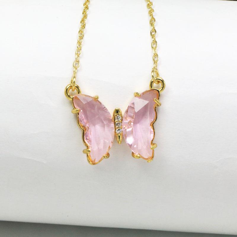 Koreanskt flerfärgat kristallfjärilshalsband - Guldpläterad titanstål nyckelbenskedja för kvinnor